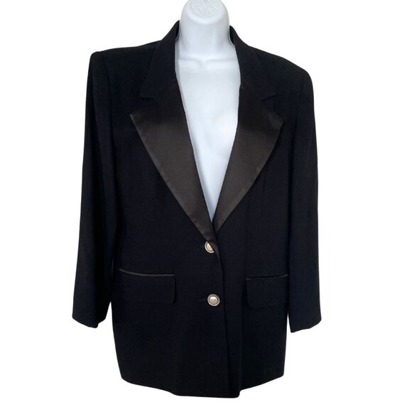 Vintage Oleg Cassini Tuxedo Jacket Blazer Women's Sz 12 Black Wool Formal - Picture 1 of 8